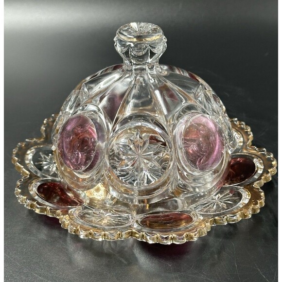 US Glass Cromwell Knobby Bulls Eye Moon Stars Ruby Gold Trim Domed Butter Dish - Picture 3 of 8